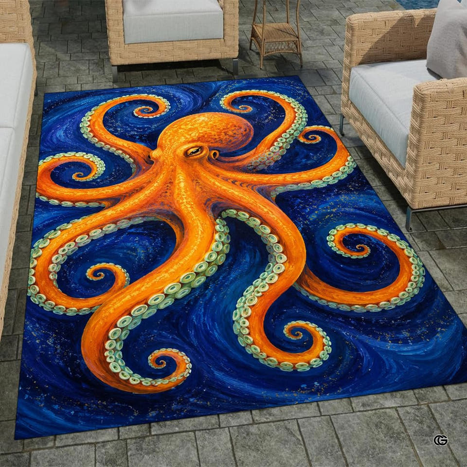 Golden octopus with curving tentacles on deep blue oceanic background in an elegant room setting.