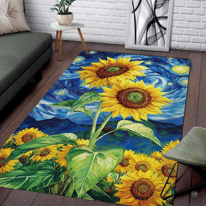 Starry night sky sunflower illustration rectangular area rug. - thumbnail image 1 of 7