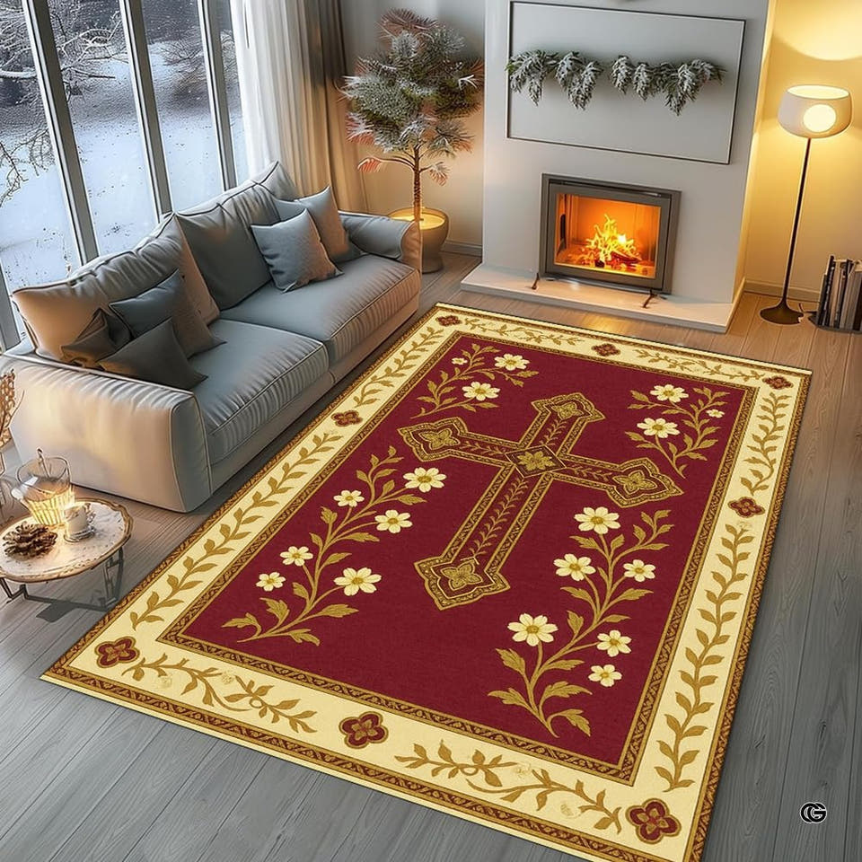 Custom Christian Rug with Name – Inspirational Faith Floral Area Carpet, Non-Skid Floor Mat for Bedroom, Living Room, Church Decor, Housewarming