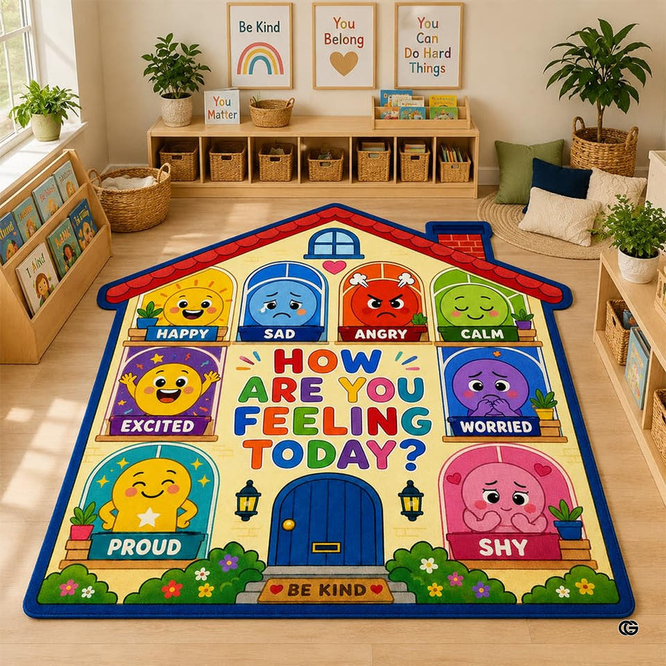 Classroom area rug display with colorful mood chart faces for interactive early learning circles.