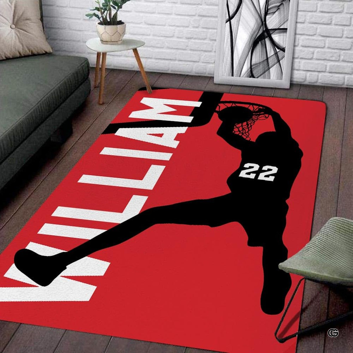 MD sports slam dunk basketball area rug displaying a silhouette athlete soaring toward a hoop on red.