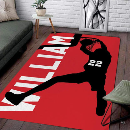 MD sports slam dunk basketball area rug displaying a silhouette athlete soaring toward a hoop on red. - thumbnail image 1 of 7