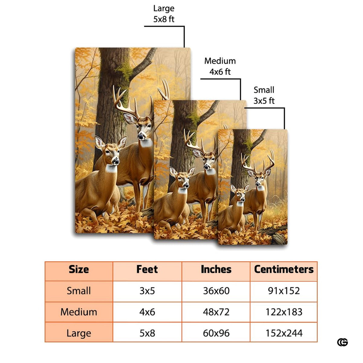 Dimensions and sizing chart for autumn whitetail buck and doe area rug - image 2 of 7