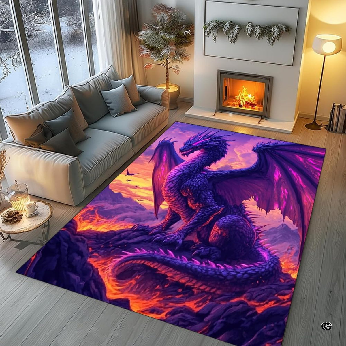Gaming room layout displaying the purple dragon rug centered on flooring - image 5 of 8