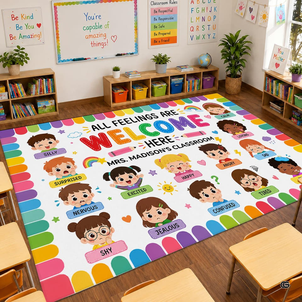 Full overhead view of educational rectangular kids area rug featuring scalloped border and student portraits.