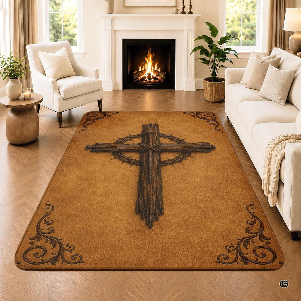 Rustic wooden cross area rug with crown of thorns on wooden floor