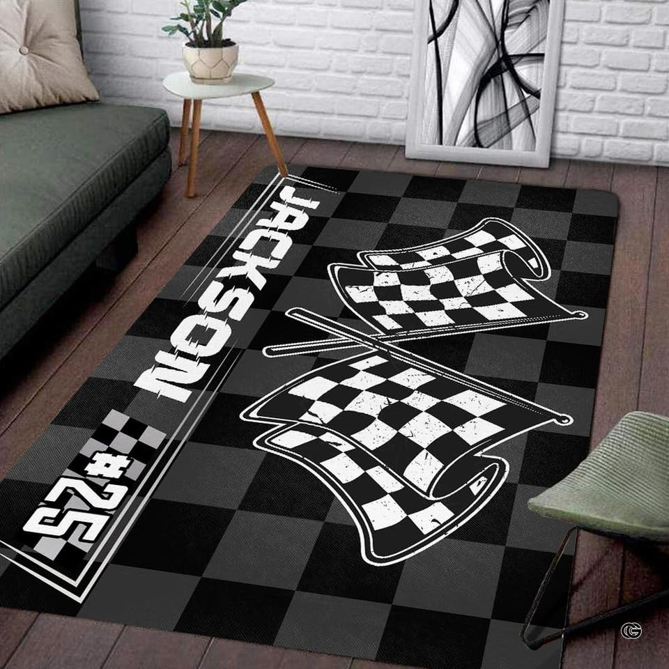 Personalized Checkered Flag Racing Area Rug, Non-Slip - Design 07