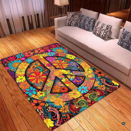 Close-up of mosaic floral artwork and botanical swirls on psychedelic peace rug - thumbnail image 3 of 5