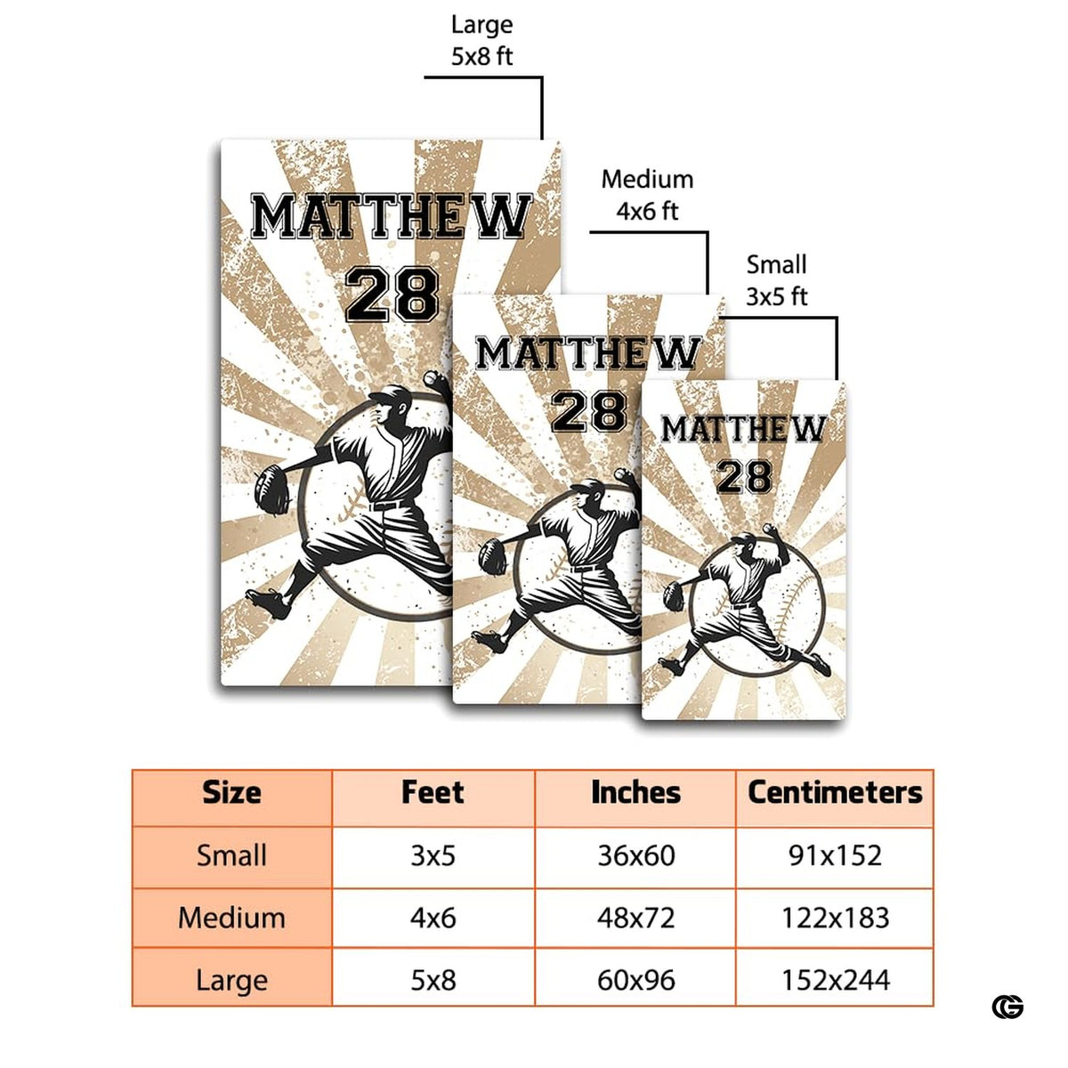 Detailed graphic of athletic pitcher silhouette on sports themed area rug in beige tones.