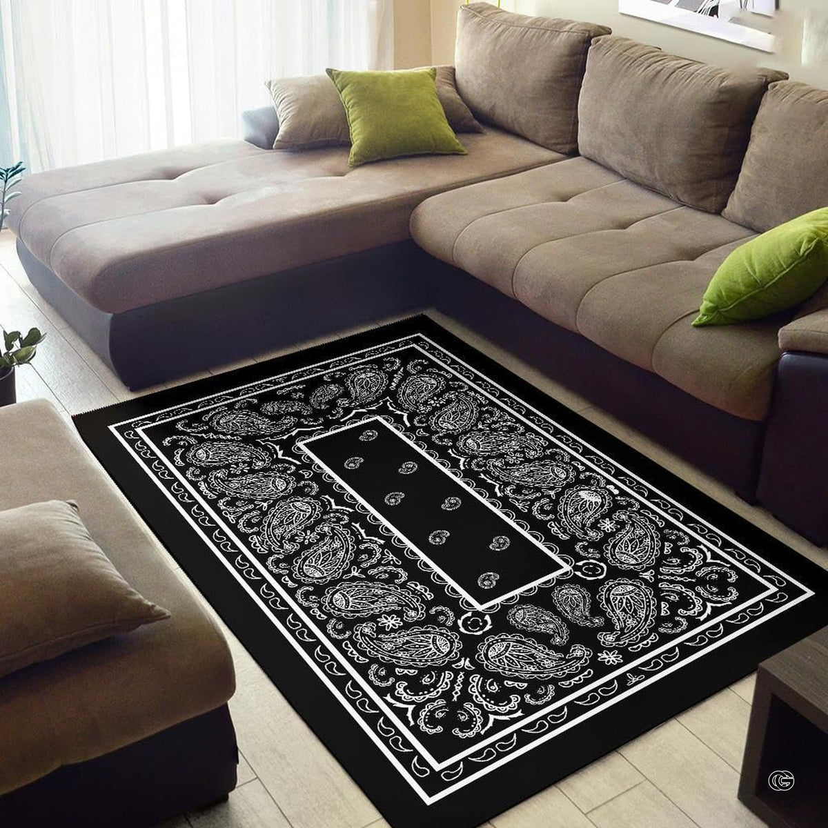 Overhead view showing the intricate teardrop swirls and floral motif on this monochrome rug. - image 2 of 9
