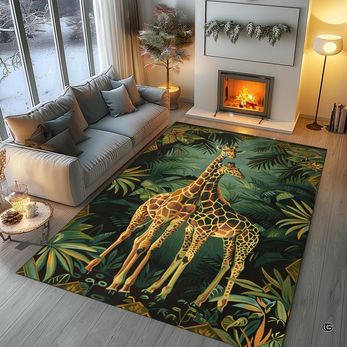 Sunlit living room fireplace setting displaying the twin giraffes area rug - image 6 of 7