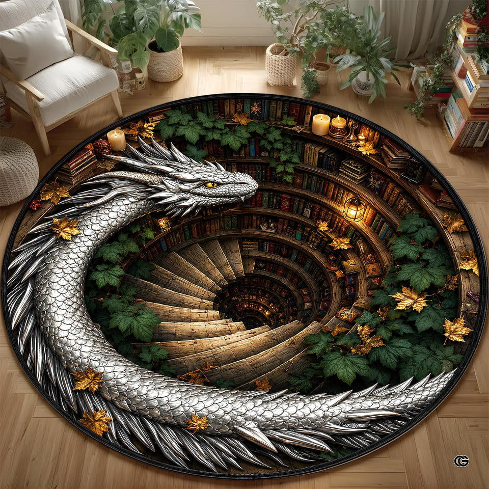 Round silver dragon rug around a spiral library staircase
