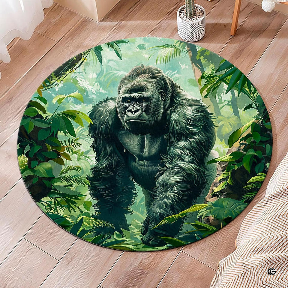 Majestic silverback gorilla jungle rainforest circular area rug in primary perspective