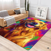 Modern lounge interior with leather sofa and cactus featuring the vibrant golden retriever pop art rug - thumbnail image 3 of 5