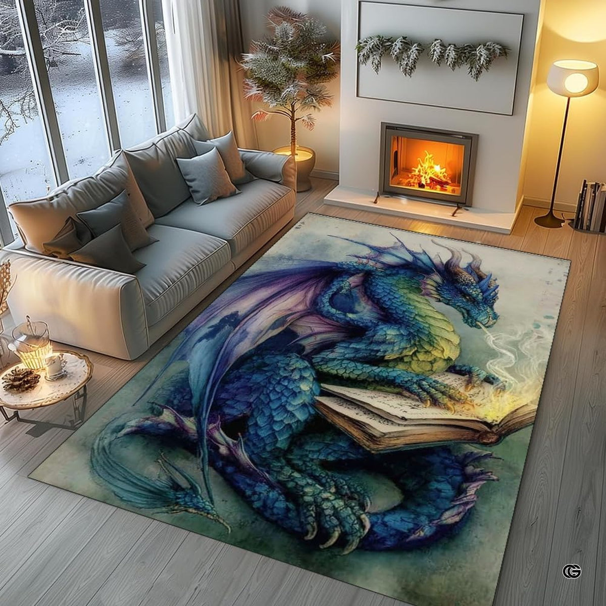 Blue and purple fantasy dragon reading an ancient tome while breathing magical wisps of smoke area rug. - image 5 of 8
