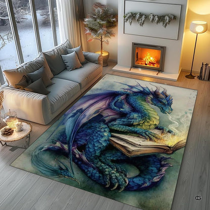 Blue and purple fantasy dragon reading an ancient tome while breathing magical wisps of smoke area rug. - thumbnail image 5 of 8
