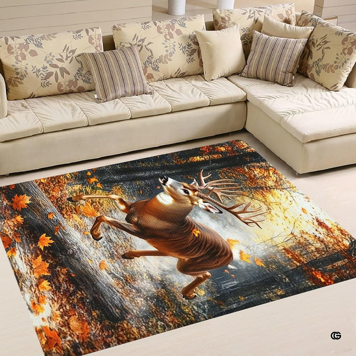Whitetail deer wildlife rug displayed on hardwood flooring showing decorative accent amber and brown tones.