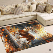 Whitetail deer wildlife rug displayed on hardwood flooring showing decorative accent amber and brown tones. - thumbnail image 4 of 5