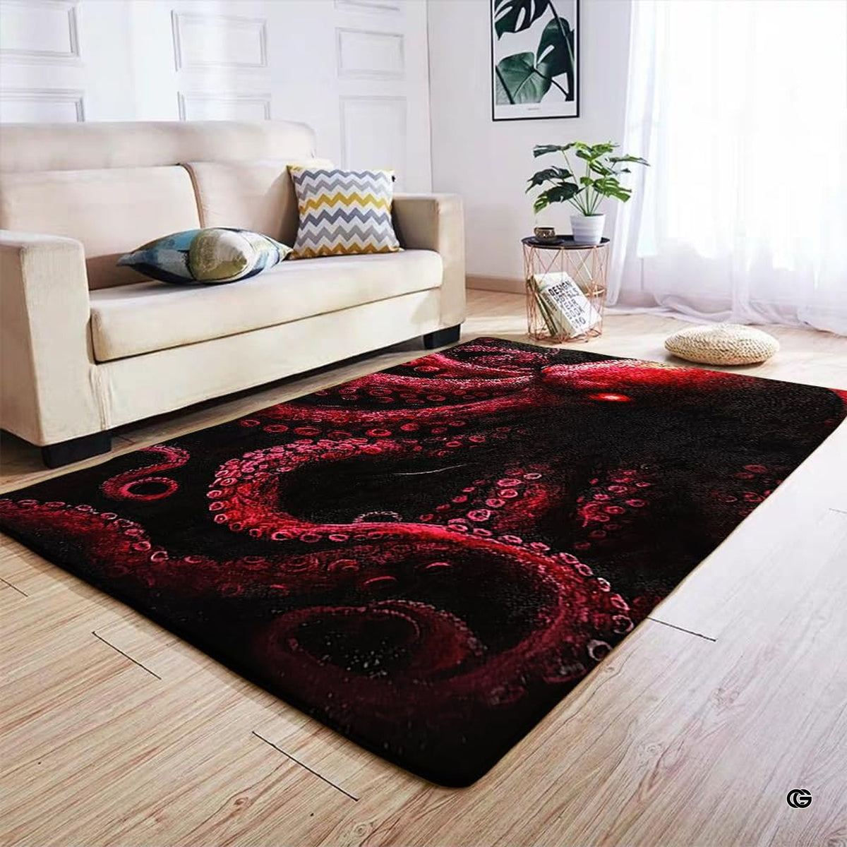 Anti-slip dot backing and hemmed edge stitching on dark octopus sea creature rug - image 4 of 7