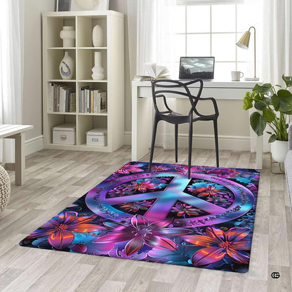 Top-down overhead view of rectangular floral peace sign boho living room area rug - thumbnail image 5 of 5