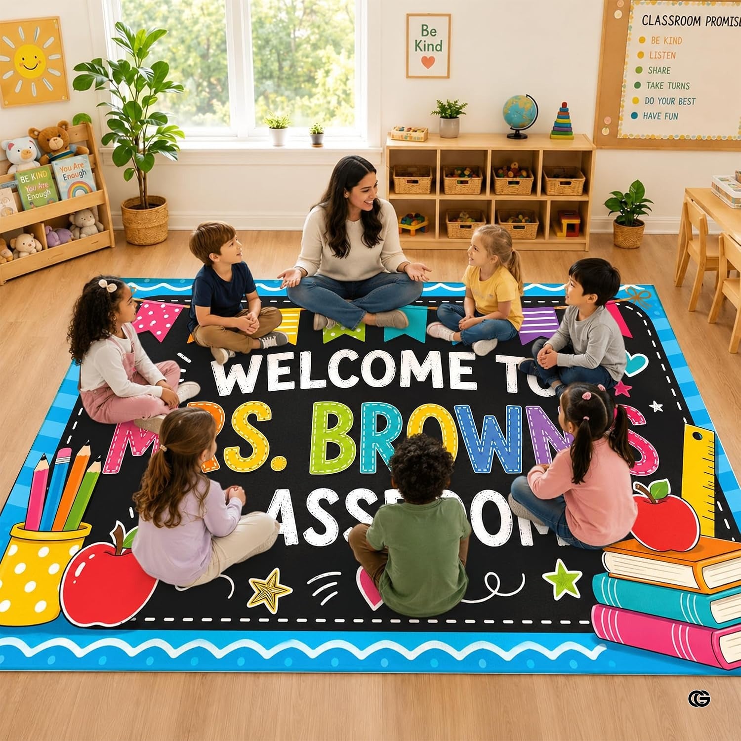 Personalized Teacher Classroom Rug, Custom Back to School Welcome Mat with Name, Kindergarten Preschool Elementary Decor, Composition Notebook Carpet (A12)