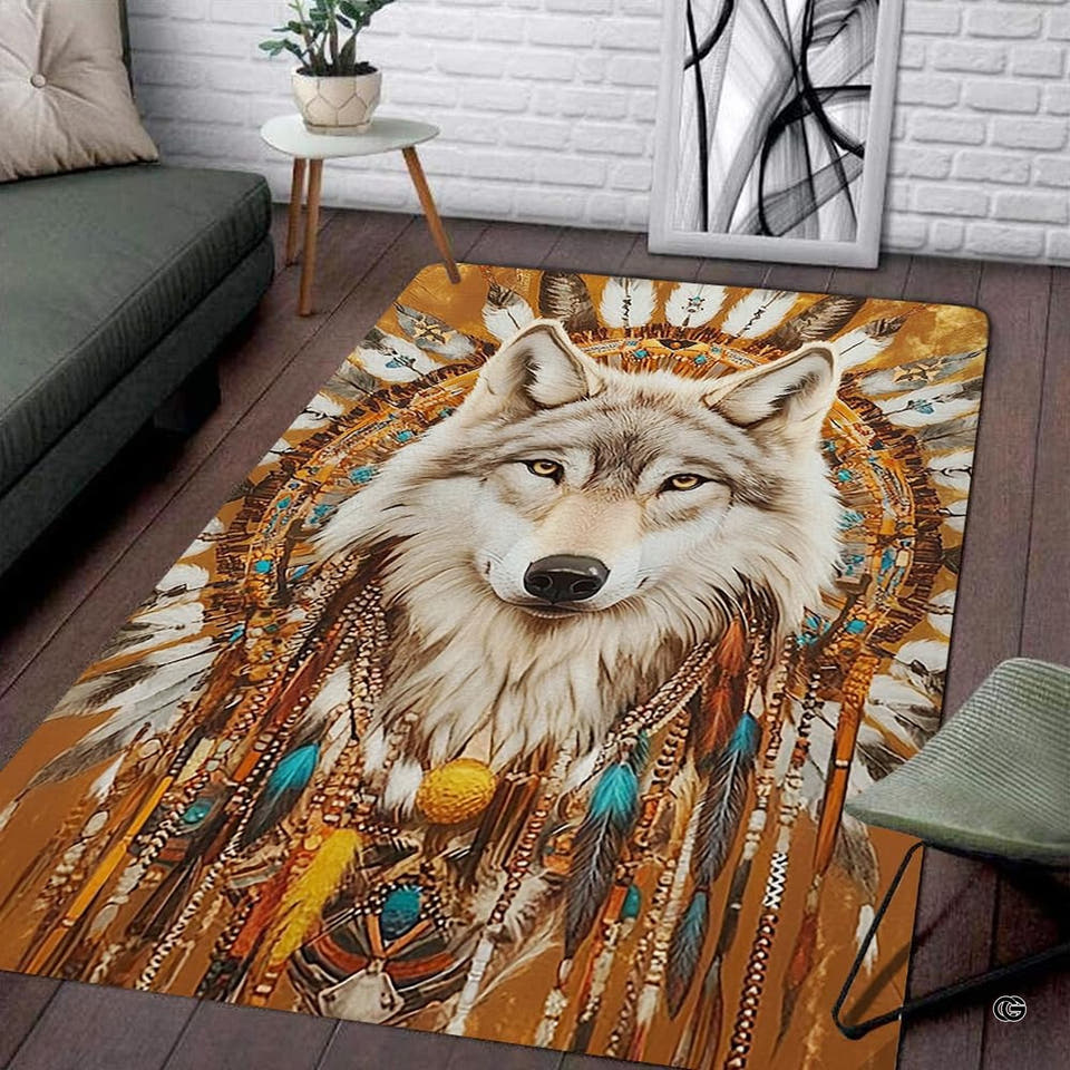 Living room seating setup featuring the native wolf chief feather headdress rustic area rug