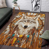 Living room seating setup featuring the native wolf chief feather headdress rustic area rug