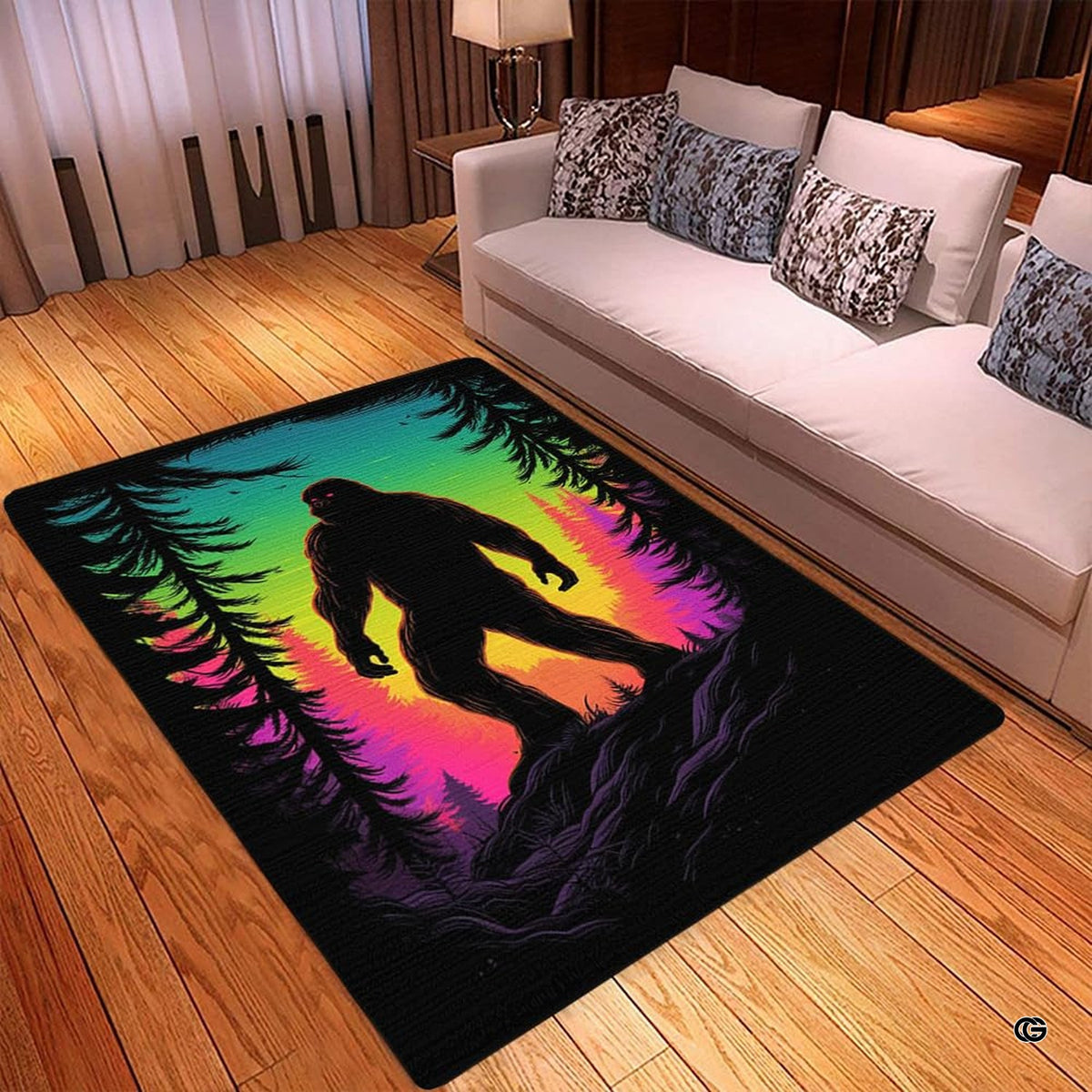Top view of retro synthwave Bigfoot area rug showing neon teal, yellow, and magenta horizon tones. - image 3 of 5