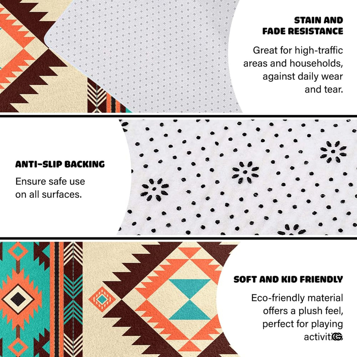 Room styling presentation pairing rustic wooden decor with a Southwestern tribal motif area rug.
