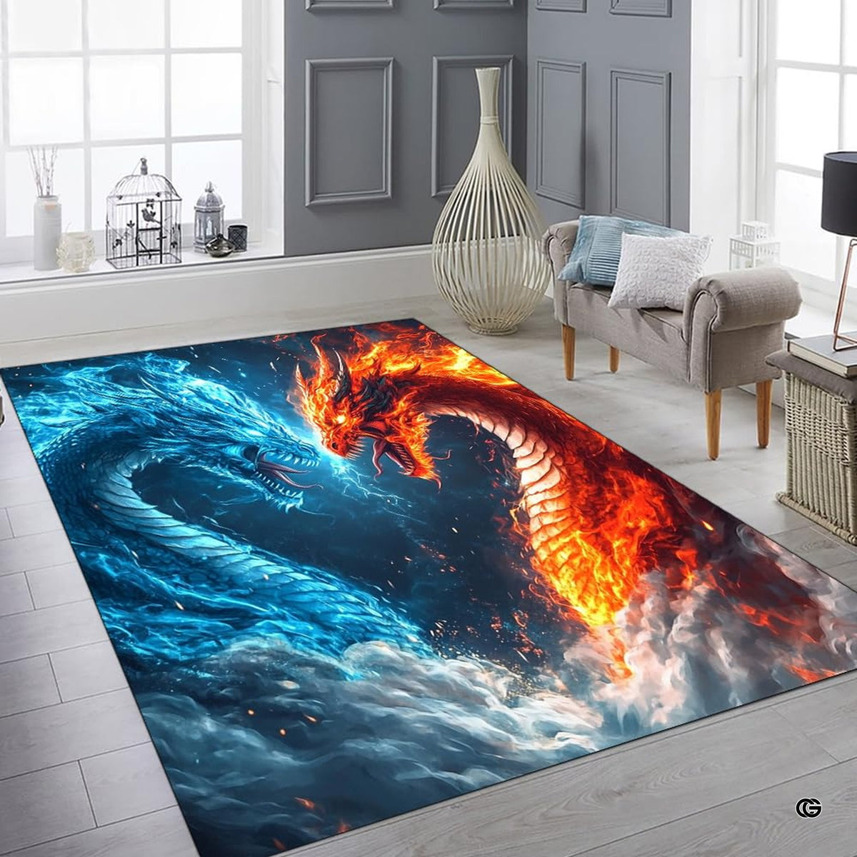 Vibrant contrast between fire flames and frozen ice aura on the dragon area rug graphic. - image 6 of 8