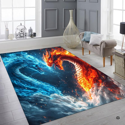 Vibrant contrast between fire flames and frozen ice aura on the dragon area rug graphic. - thumbnail image 6 of 8