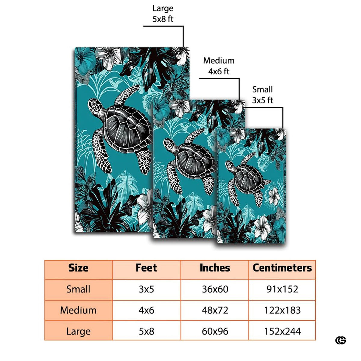 Dimension chart displaying size options for turquoise sea turtle area rug. - image 2 of 7