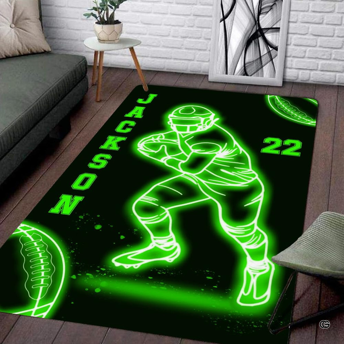 Living room floor setting featuring a neon green football player runner athletic area rug - image 1 of 7