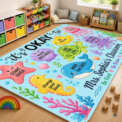 Personalized Teacher Classroom Rug, Custom Back to School Welcome Mat with Name, Kindergarten Preschool Elementary Decor, Composition Notebook Carpet (A11)