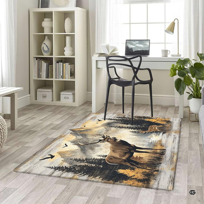 Room decor setting featuring the wilderness animal floor rug paired with natural wood furniture in a modern cabin. - thumbnail image 5 of 5
