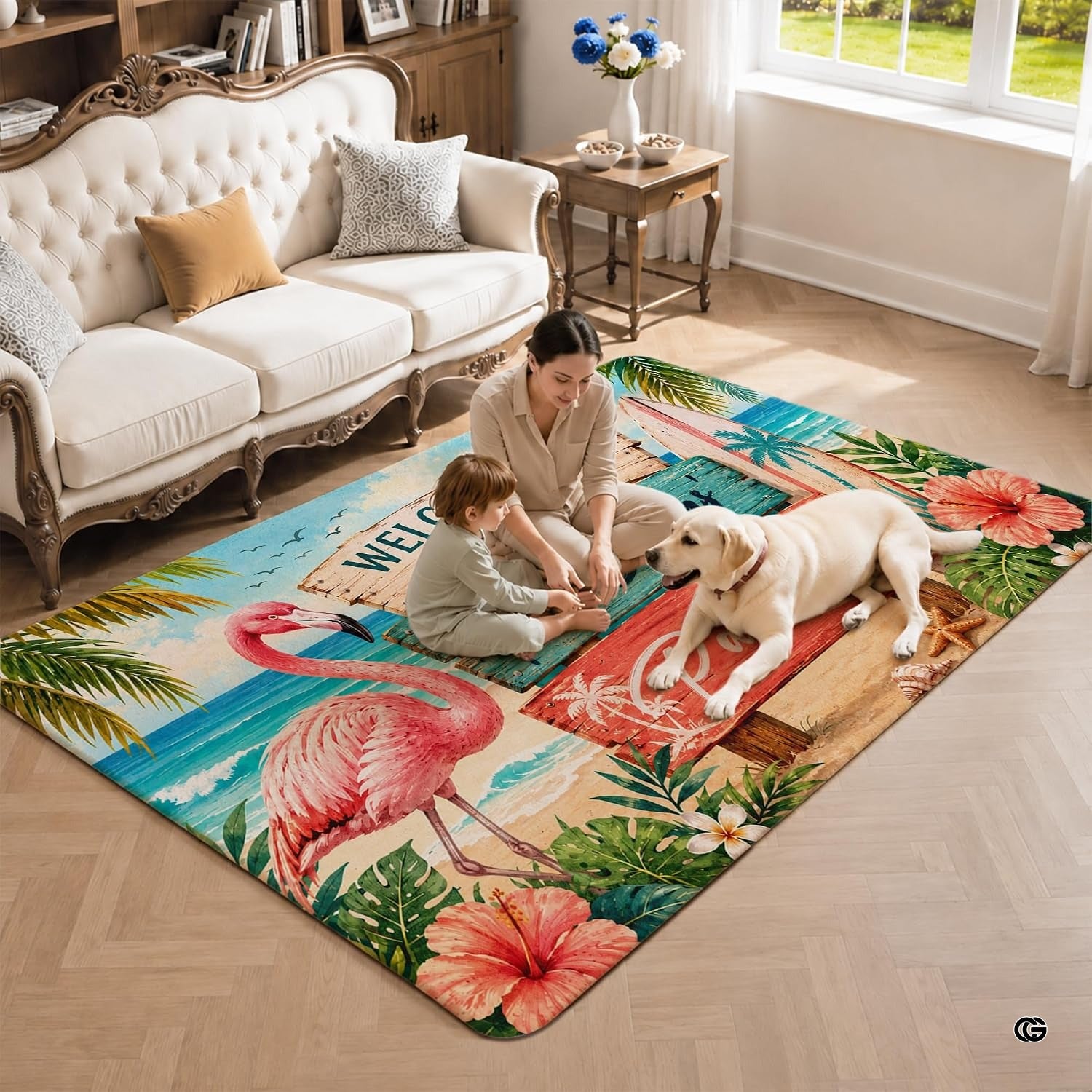 Personalized Tropical Beach Rug, Custom Family Name Tropical Outdoor Rug, Flamingo Surfboard Ocean Area Rug for Living Room, Patio, Beach House Decor, Design 08