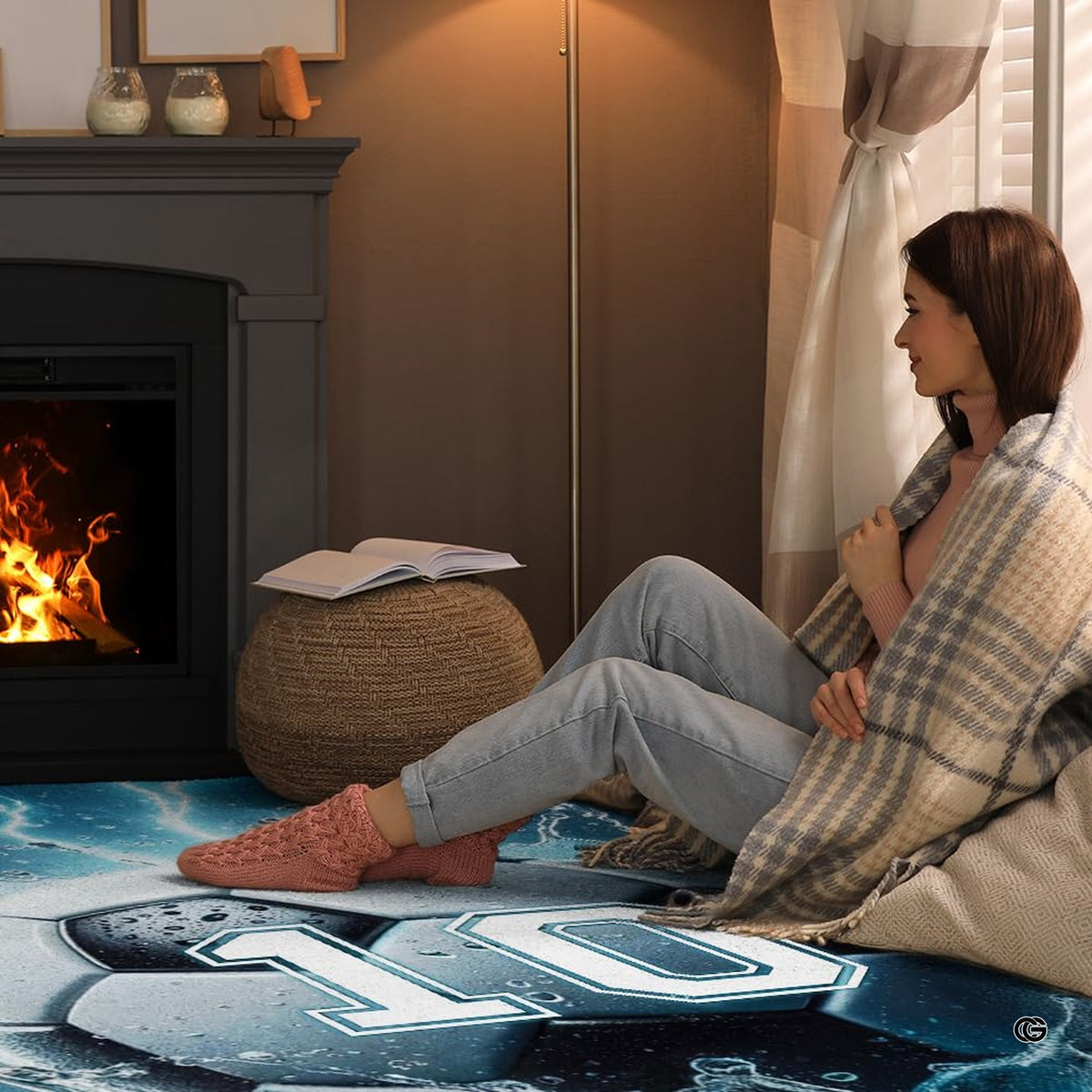 Contemporary lounge floor styling with an electric blue lightning and soccer ball centerpiece rug. - image 8 of 8