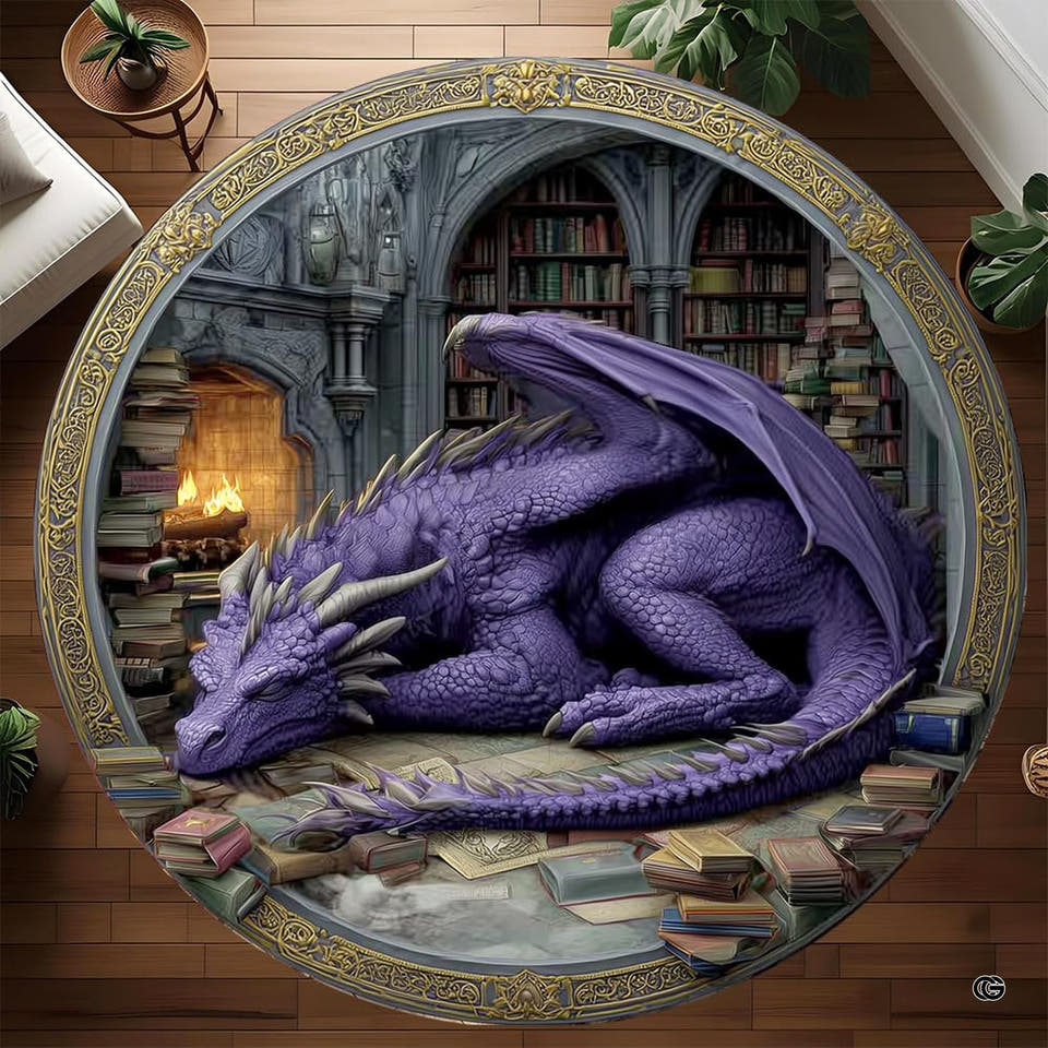 Sleeping purple dragon gothic library hearth circular area rug in top overhead view