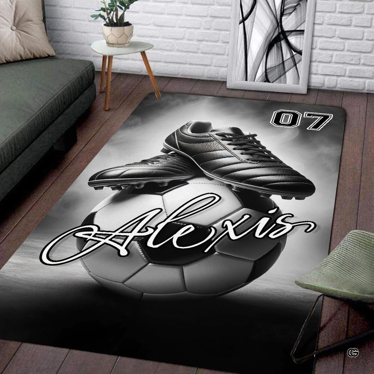 Soccer cleats area rug placed alongside contemporary living room furniture. - image 7 of 8