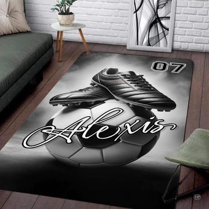 Soccer cleats area rug placed alongside contemporary living room furniture. - thumbnail image 7 of 8