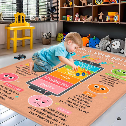 Personalized Calming Corner Rug for Classroom, Custom Teacher Name Reading Corner Rug, Emotions Feelings Carpet, Soft Fluffy Calm Corner Decor for School Reading Nook (Battery Theme)