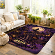 Personalized Witch Area Rug with Name - Custom Halloween Rug, Black Cat & Raven Floor Carpet, Spooky Gothic Home Decor, Non Slip Rugs (Style 6)
