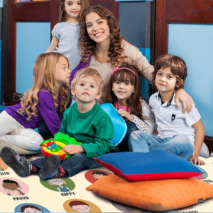 Educational area rug featuring rainbow motifs and feelings and emotions classroom display illustrations. - thumbnail image 7 of 7