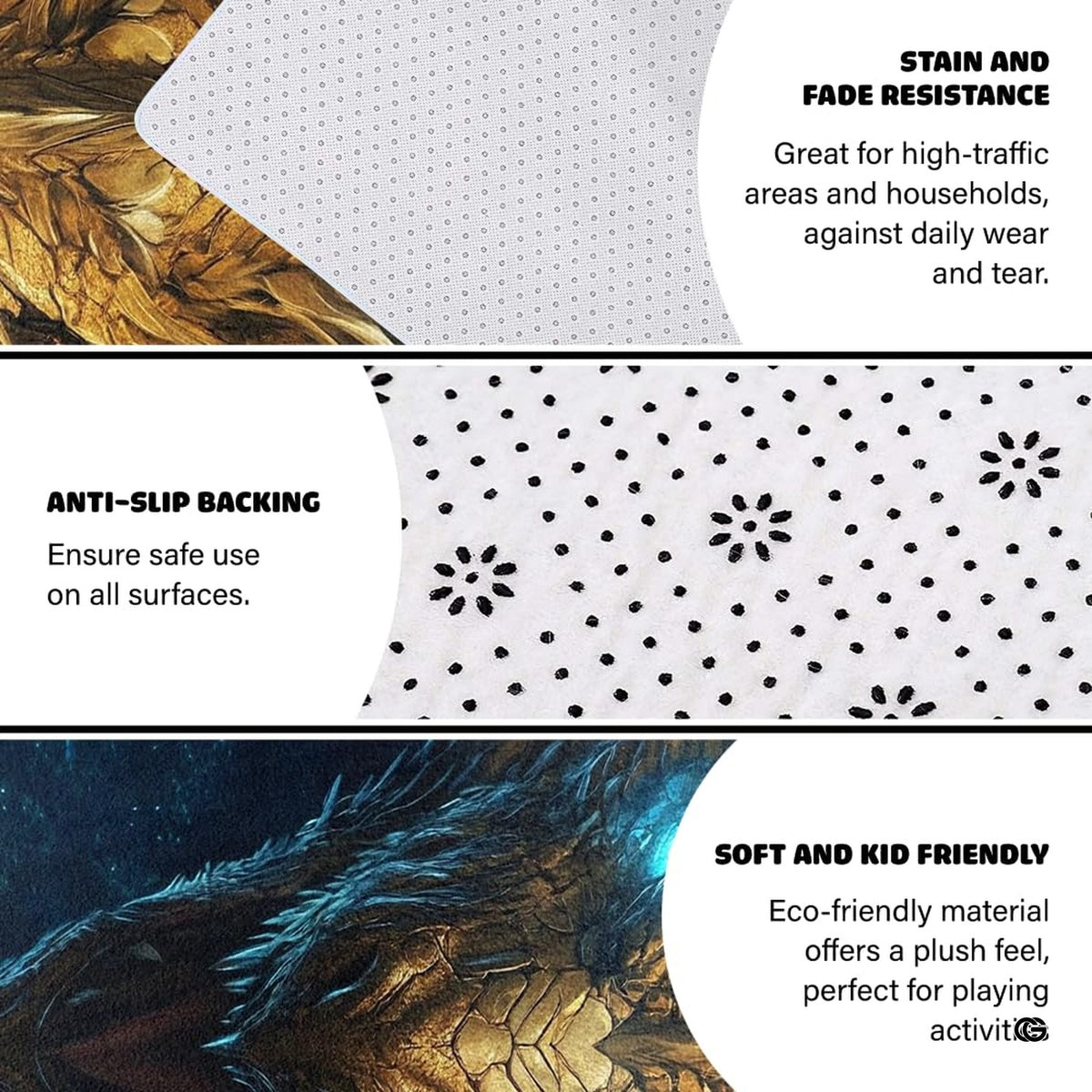Infographic detailing the anti-slip dotted backing and durable edge stitching of the rug - image 4 of 7