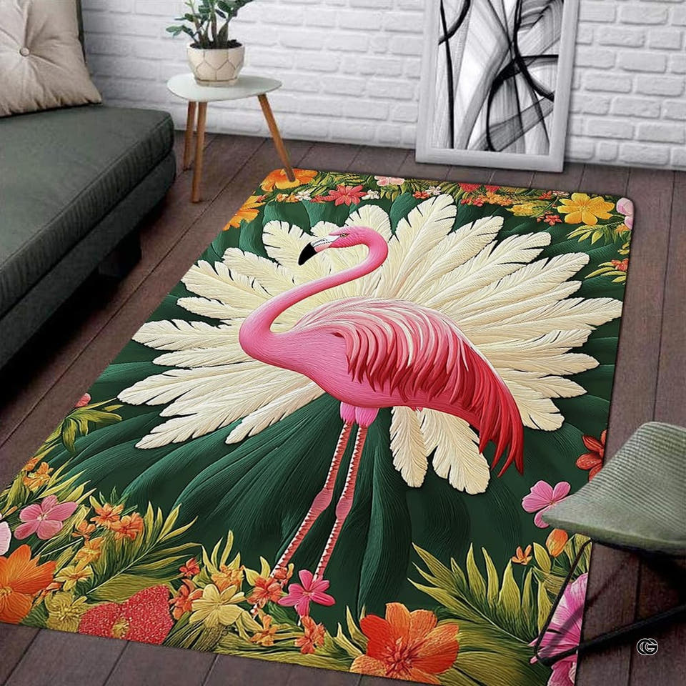 Living room setup with couch and white brick wall showcasing tropical flamingo palm plume floral area rug