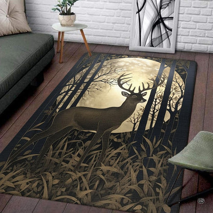 Woodland floor rug displaying a stag deer silhouette beneath a bright full moon and bare trees. - thumbnail image 1 of 7