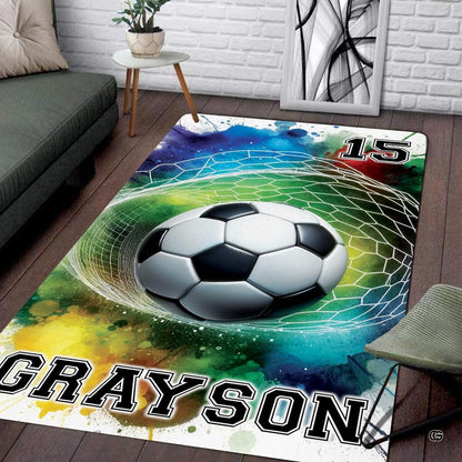 Overhead view of colorful watercolor soccer net design on sports area rug - thumbnail image 7 of 8