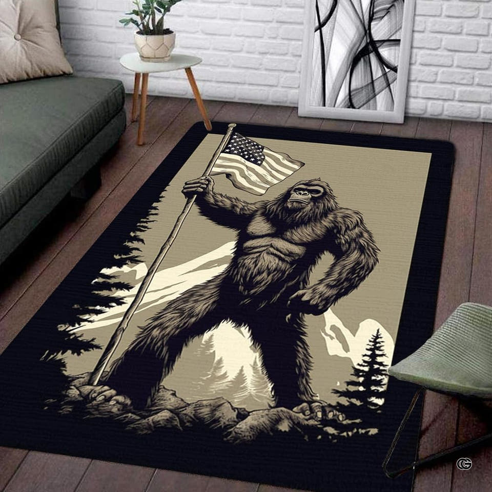 Living room setup with hardwood floor and white brick wall showcasing patriotic bigfoot american flag area rug