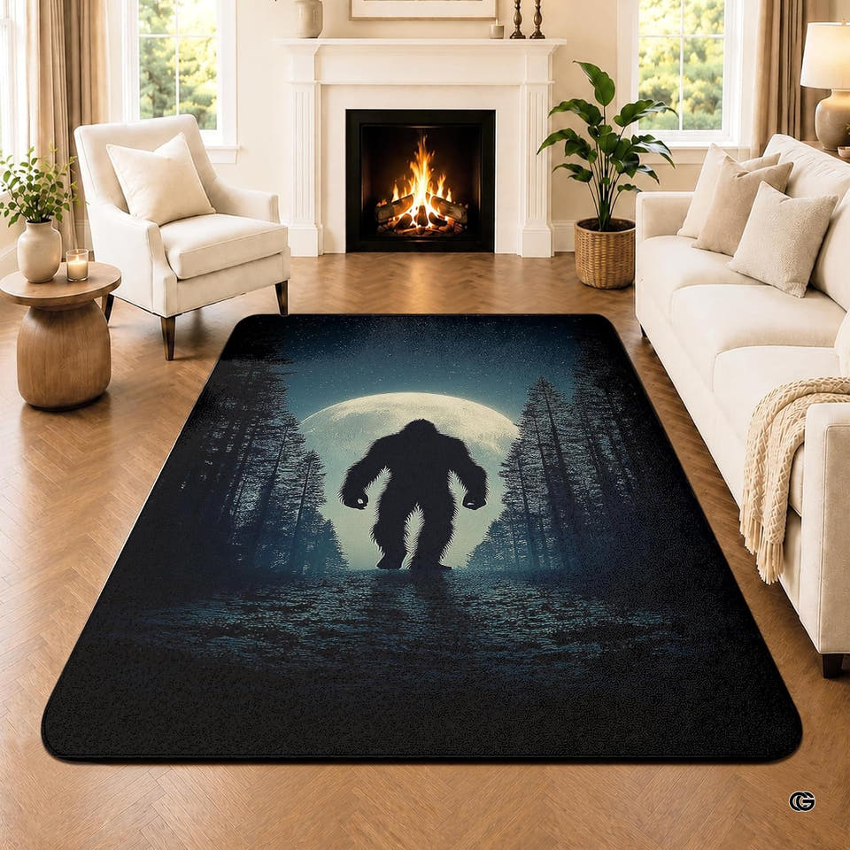 Personalized Bigfoot Area Rug Sasquatch Rug Unique Outdoor Adventure for Home Décor Living Room Bedroom (Bigfoot Night 1)