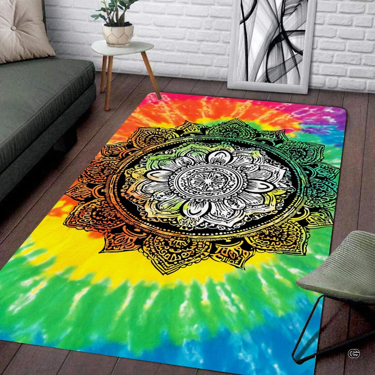 Bohemian bedroom decor anchored by an energetic rainbow mandala tie dye rug.